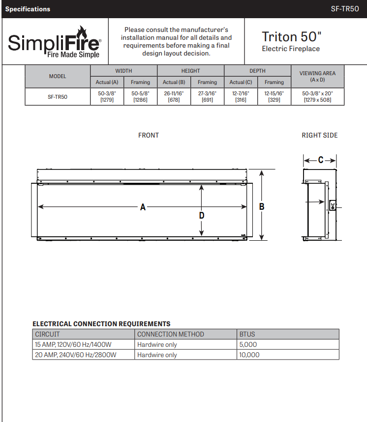 Simplifire SF-TR50 Triton 50 50" Triton Linear Electric Fireplace