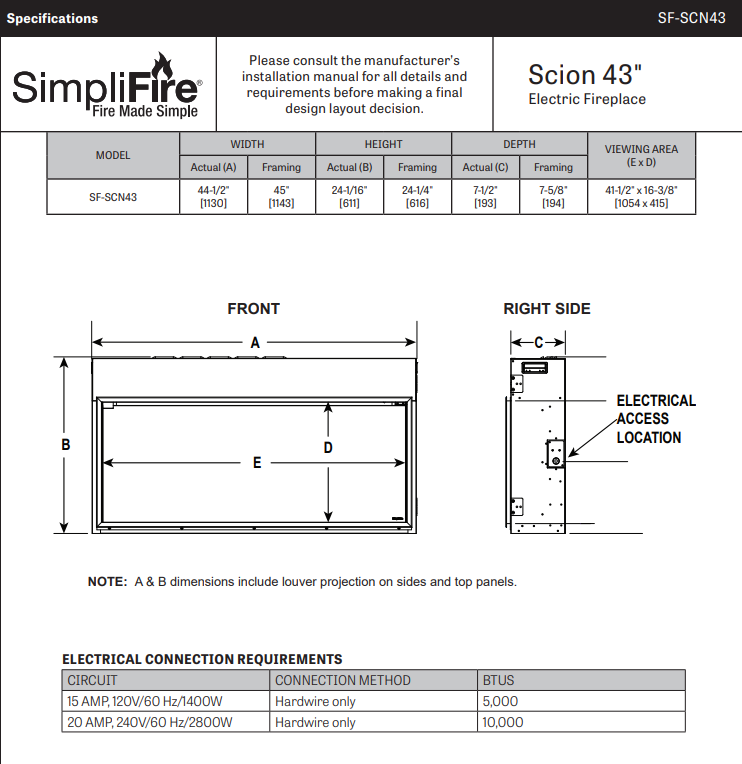 SimpliFire Scion 43" Electric Fireplace SF-SCN43