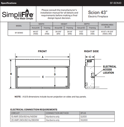SimpliFire Scion 43" Electric Fireplace SF-SCN43