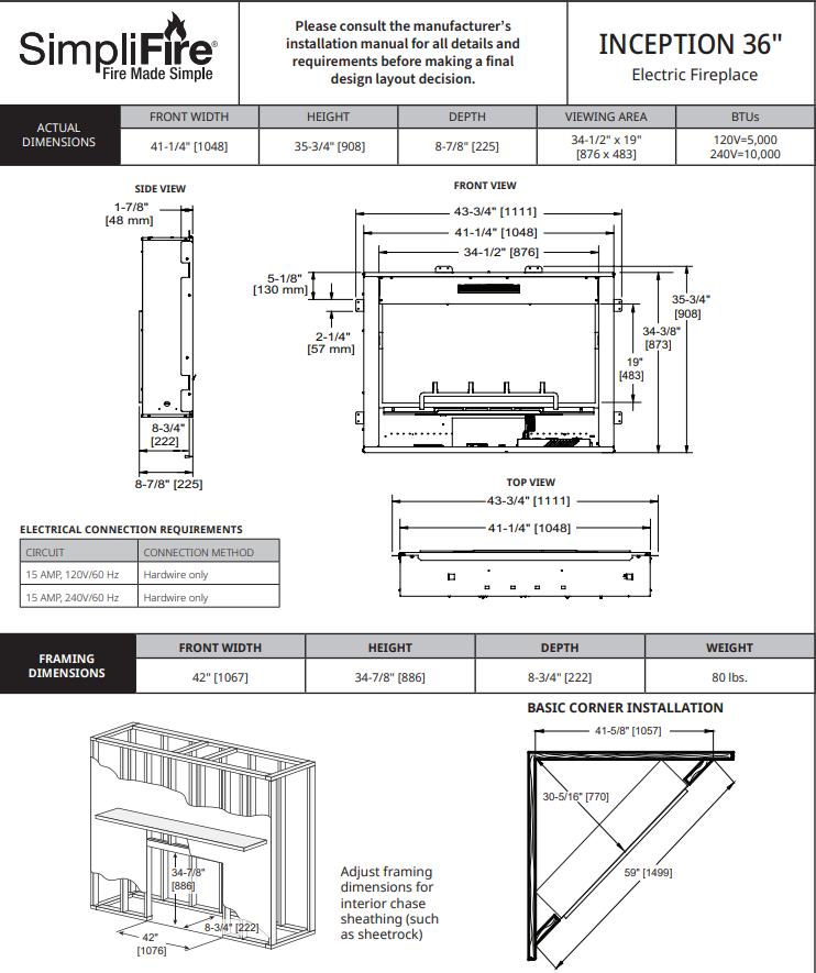 SimpliFire Inception Electric Fireplace 36" SF-INC36