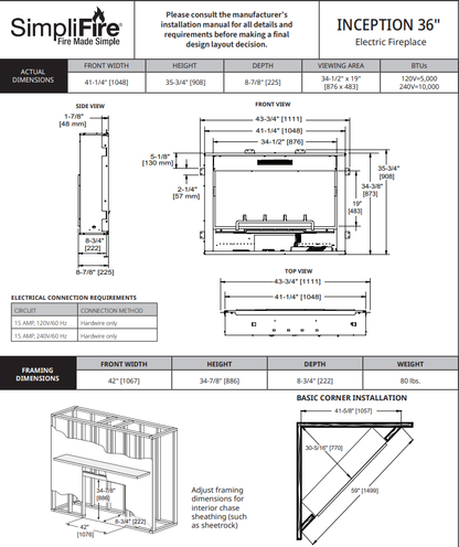 SimpliFire Inception Electric Fireplace 36" SF-INC36
